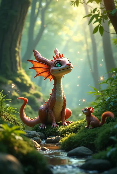 Make a photo of a cute dragon in the middle of a beautiful forest.