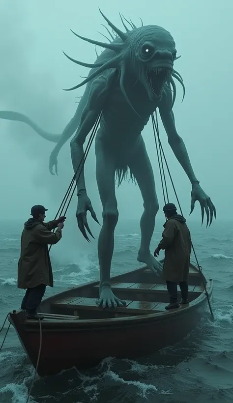 "A group of deep-sea fishermen pull a massive, otherworldly sea creature onto their wooden boat. The creature has an elongated humanoid body, webbed limbs, glowing bioluminescent skin, and eerie, piercing eyes. Its form is a mix of mythical sea monsters an...