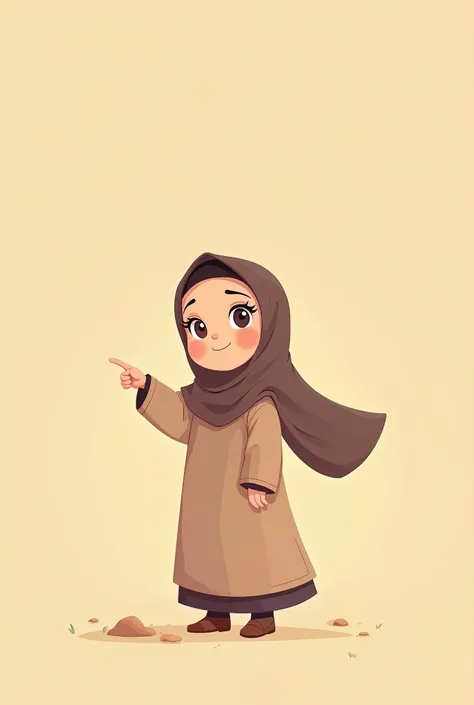 Make a picture of a muslim girl with hijab  without face and eyes in cartoon disney vibes, the background is sand beige full, she’s pointing something