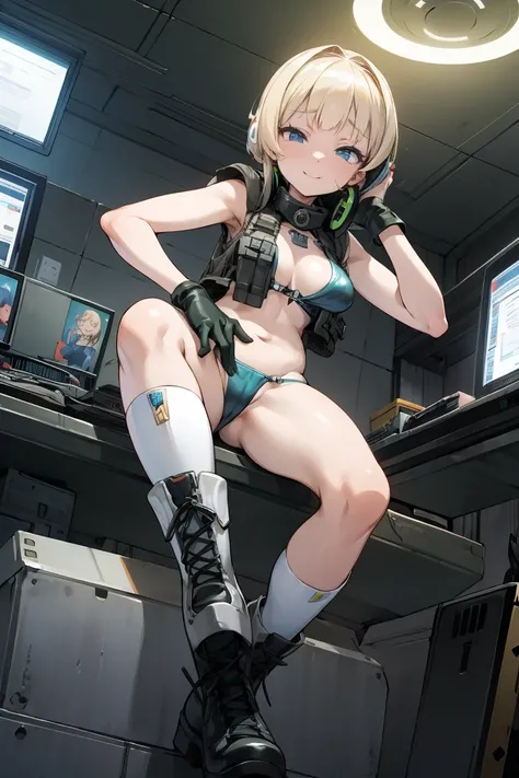 (( high quality)), (( Masterpiece)), 8k,  Blonde Bob Haired Blue Eyed Girl 、   bulletproof vest, latex green bikini、 cute pose 、light,  highly detailed CG Unity 8k wallpaper ,  game cg,  viewers,  gloves,  boots, clock,  Computer ,  mask, Drone,   holding ...