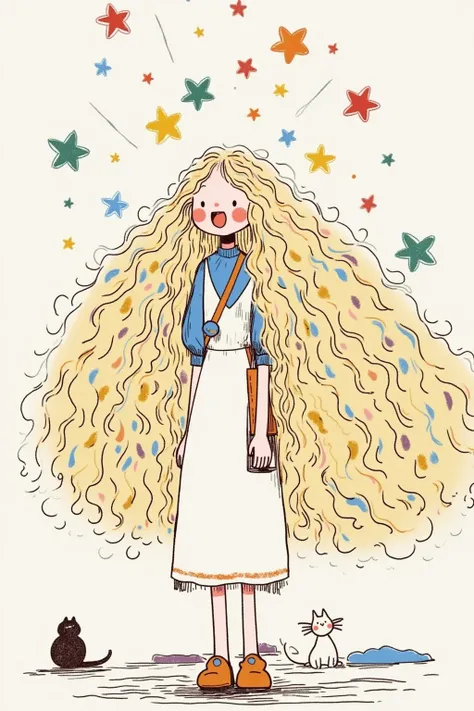  line doodle girl ，Low Fidelity， Young woman with round hair  ，  huge hair  ，   drawn in a naive style  , Lovely art style, Colorful illustration,  Curly blonde hair  | d & d, Low Fidelity女孩,   Her hair is Starry River  , Cute cartoon 