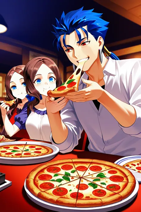 Cu_Chulainn(fate), blue_hair, red_eyes, Leonardo_da_vinci(fate), Brown_hair, Blue_eyes, smile, pizza, eating, restaurant