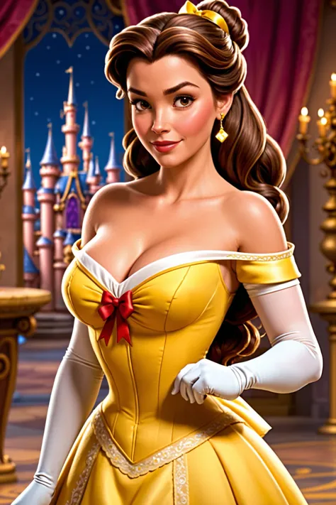  Belle's appearance from Disney's Beauty and the Beast:  nude,  Beautiful,  big breasts,  hairy pubis,  uncensored.
 medium length brown hair , most often tied in a ponytail with a ribbon. 
 brown eyes. 
rosy cheeks. 
Sculptural figure. Wears opera gloves,...