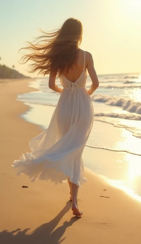 a beautiful young woman with long hair and a long white dress running on a beach one afternoon. the young woman has her back to the image