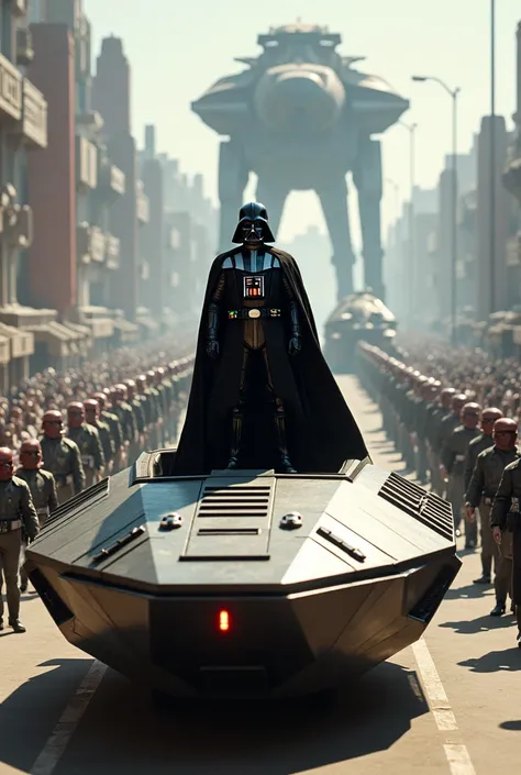 Darth Vader riding in a hover tank, standing up in the open hatch on top of the turret, facing the camera, with officers and stormtroopers in parade formation in the background, as the tank makes it's way down the street in a procession, followed by AT-AT ...