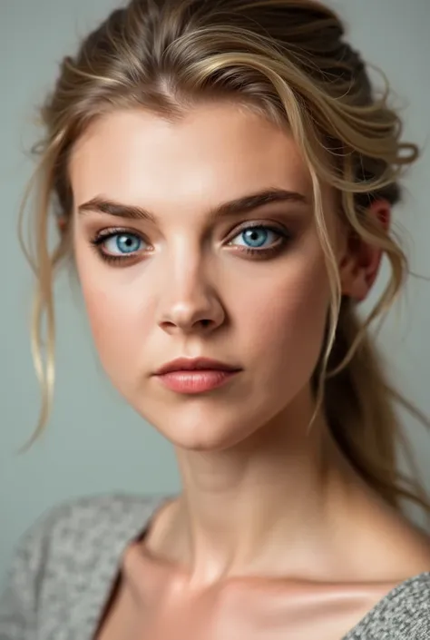 Create a realistic and detailed portrait of Natalie Dormer for an adult biography titled 'The Many Faces of Natalie Dormer' by Sarah Dormer. The image should focus on her facial features, capturing her natural beauty and essence. Use a subtle background, p...