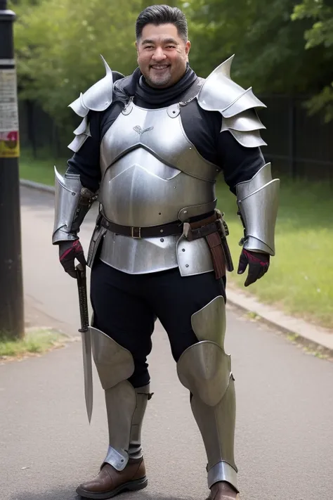 male,  Japanese, fat,50 years old、 Excessive obesity、Glasses ,  crew cut ,  bikini armor、 bikini pants ,  shoulder armor, Nipples ,smile ,  shoulder guard ,  are standing ,  boots ,  full body、Holy Sword、crown