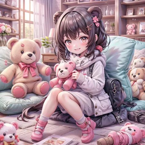 A cute little bear, smiles, in the room, A whole bunch of teddy bears