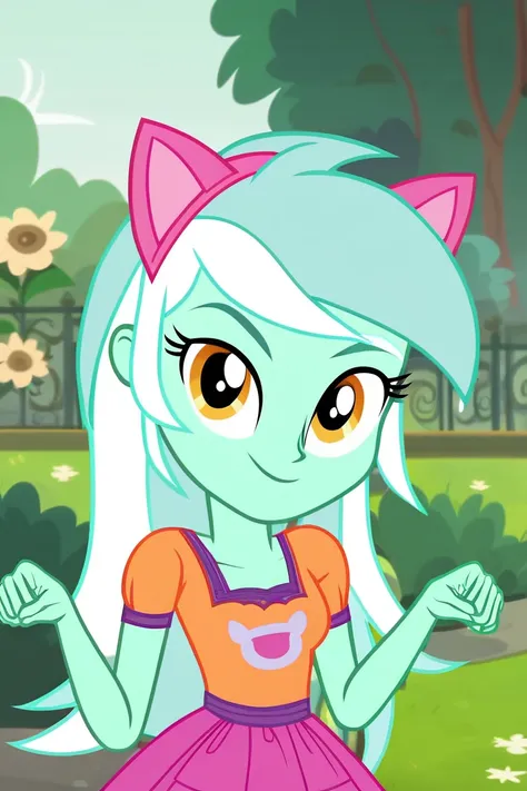 1 gir, solo, Lyra_Heartstrings, equestria_girls, female, looking at viewer, cartoon style, friendly smile, show accurate, orange top, cat face print top, pink skirt, cat like pose, cat ears, garden background, seductive glance