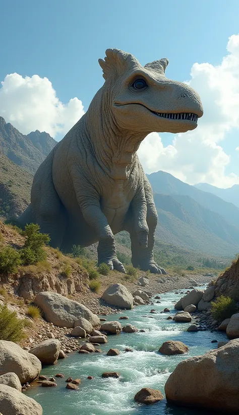 "Giant dinosaur-shaped desert with stunning detail, including ears , dark eyes,Nose,  and a mouth formed from huge boulders and river water flowing down the hill.  This picture was taken on a beautiful mountainside against a background of clear sky and whi...