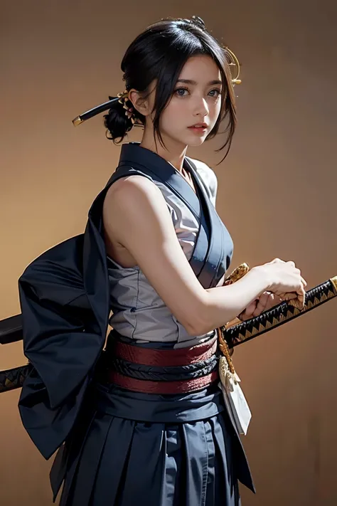 ( sleeveless kimono 、 Japanese Pattern Kimono Belt :1.2)、(Battoujutsu、dynamic pose:1.8)、(Flat Breasts:1.5)、風になびく髪、(medium shot、look at viewer、from front:1.5)、 fantasy、 Black Haired Samurai Girl 、 hair bun、 hairpins、 beautiful face、Thin Nose、 long lashes、 s...