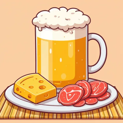 Alcohol、Beer 、It foams well、There are 、 glass mug that foams well、Cheese on a plate and sliced prosciutto、 Simple Illustrations、 anime illustration、2D illustration、 hand-drawn illustration、Manga Design、Thick Line、Detailed lines、A clear pattern、 detailed ba...