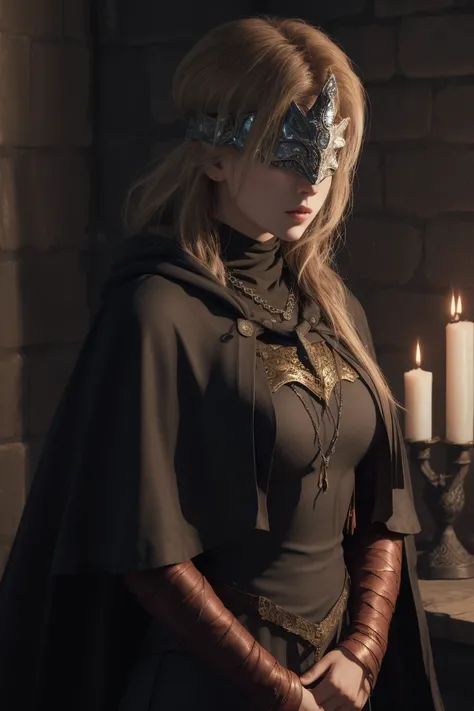 (firekeeper:1.1),(portrait:1.1),breasts,cape, cloak, jewelry, dress, capelet, bandaged_arm