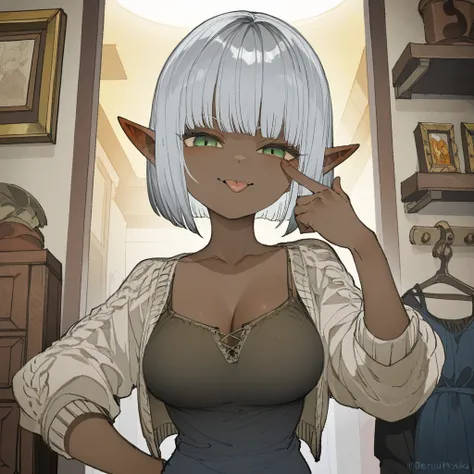 A female dark elf, silver bob cut hair, green eyes, eyelid pull, finger to eye, tongue out, breasts, casual outfits, upper body, looking at the viewer, indoors, (artist:rariatto \(ganguri\):0.4), (artist:demizu posuka:0.8), very awa, masterpiece, best qual...