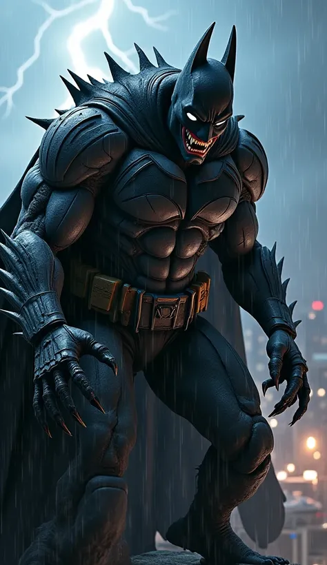 "A fearsome hybrid fusion of Batman and a wolf, embodying the perfect balance of primal ferocity and tactical brilliance. Its towering, muscular body is wrapped in a sleek, armored Batsuit reinforced with dark fur, blending seamlessly into the shadows. Raz...