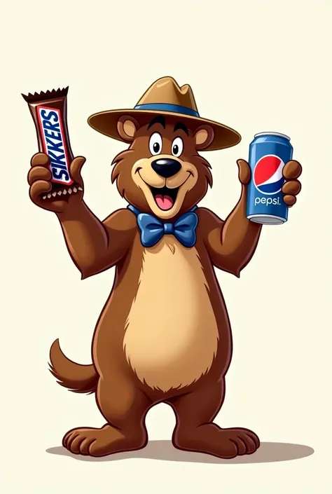 Let the yogi bear cartoon character have a Snickers chocolate wrapper in one hand and a can of Pepsi Cola in the other hand, let the background be plain, and let yogi bear pose smilingly at us.