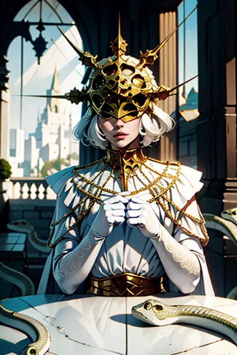 Gywndolin, short white hair, androgynous, 1boy, male, femboy, flat-chested, GwyRob, white thighhighs, ((golden sun mask)), covered eyes, gold jewelry, white elbow gloves, long white dress, green snakes, white veil, ((snakes under white dress)), perfect ana...