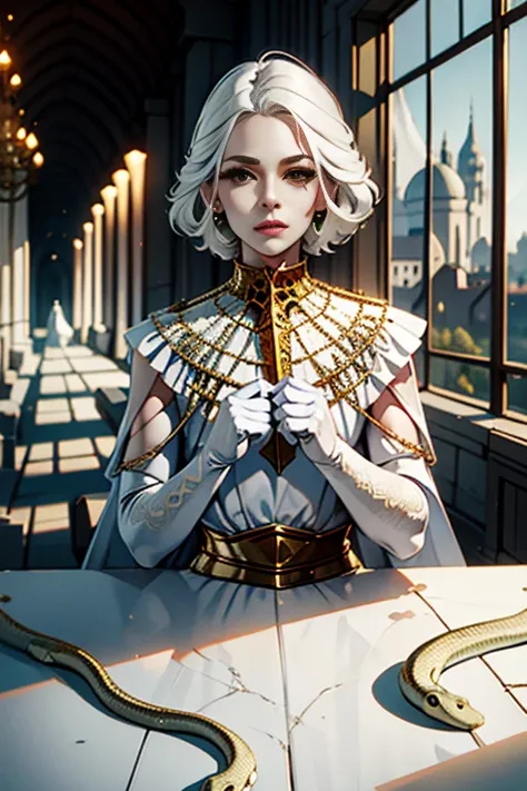 Gywndolin, short white hair, androgynous, 1boy, male, femboy, flat-chested, GwyRob, white thighhighs, ((golden sun mask)), covered eyes, gold jewelry, white elbow gloves, long white dress, green snakes, white veil, ((snakes under white dress)), perfect ana...