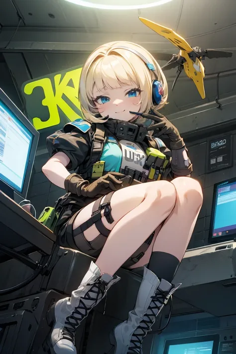 (( high quality)), (( Masterpiece)), 8k,  Blonde Bob Haired Blue Eyed Girl 、   bulletproof vest, latex green bikini、 cute pose 、light,  highly detailed CG Unity 8k wallpaper ,  game cg,  viewers,  gloves,  boots, clock,  Computer ,  mask, Drone,   holding ...