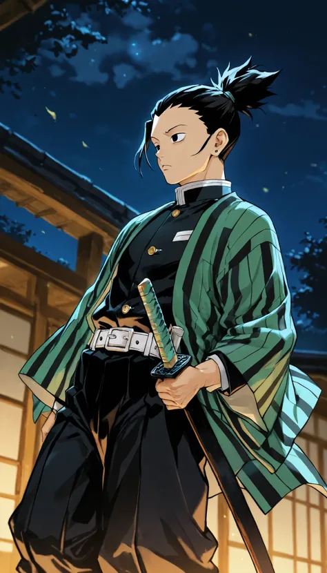 1boy, ((Nara Shikamaru)), demon slayer uniform, green yukata, unsheathed katana, night, black hair, short ponytail, black blade, bored