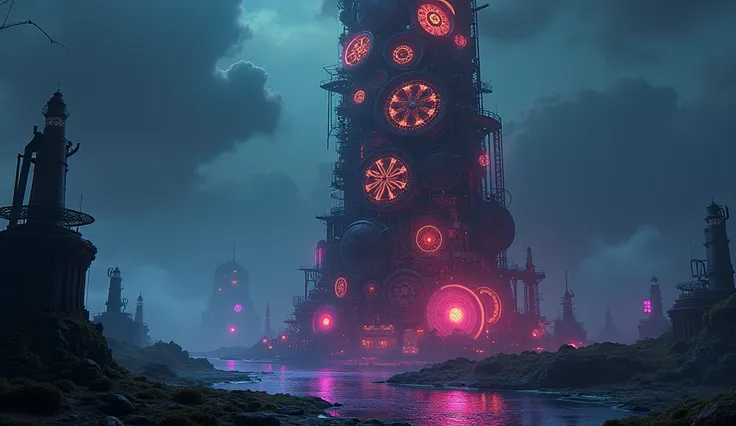 A surreal clockwork tower with constantly shifting gears and glowing neon accents