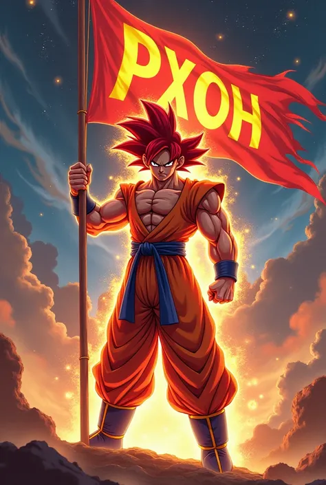 Goku Super Saiya 4 ,  carries a flag that says PXOH