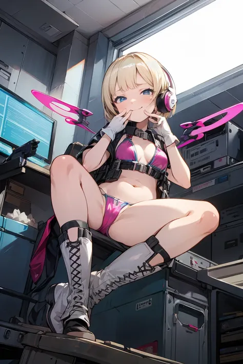 (( high quality)), (( Masterpiece)), 8k,  Blonde Bob Haired Blue Eyed Girl 、   bulletproof vest, latex pink bikini、 cute pose 、light,  highly detailed CG Unity 8k wallpaper ,  game cg,  viewers,  gloves,  boots, clock,  Computer ,  mask, Drone,   holding w...