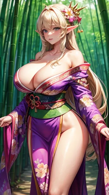 High-elf beautiful huge breasts wearing a bare-shoulders floral kimono sexy post in the bamboo forest.