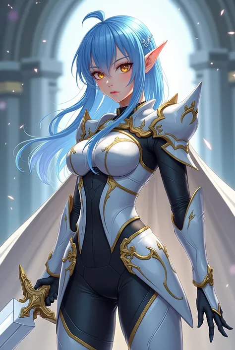 ( artwork,  top quality,  borrowed letter ,  official art ,  beautiful and aesthetic  :1.2)  female, Elfa from anime, long blue spiked hair,  golden eyes,  white and gold armor, wearing white cape, black and gold , black t-shirt and pants ,  wielding a whi...