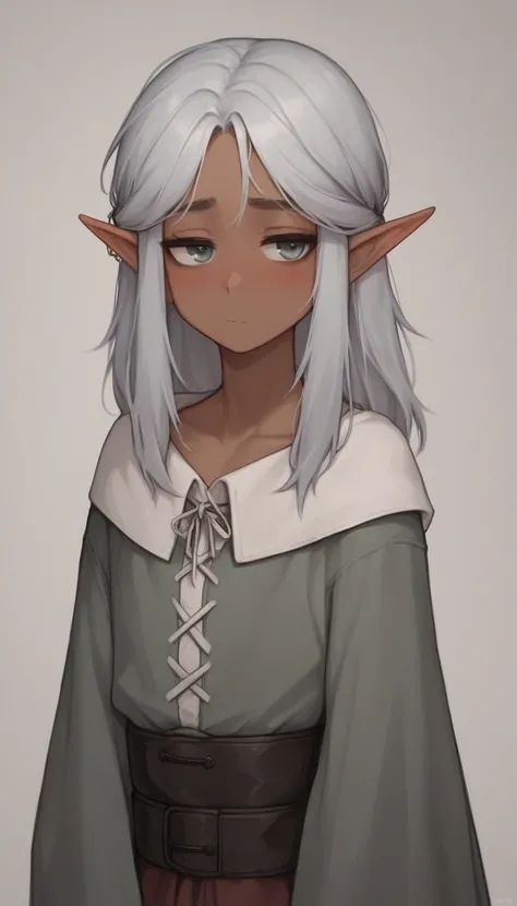     best quality  ,     very detailed illustration   ,(Elf Boy :1,7), dark skin, black circles under the eyes , tousled disheveled fluffy grey hair  ,  TIRED LOOK,  a femboy ,  slim,     perfect body  , Cute, looks at a nonentity , Medieval clothing, playf...