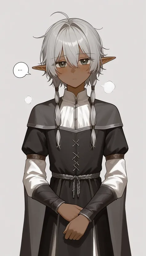     best quality  ,     very detailed illustration   ,(Elf Boy :1,7), dark skin, black circles under the eyes , tousled disheveled fluffy grey hair  ,  TIRED LOOK,  a femboy ,  slim,     perfect body  , Cute, looks at a nonentity , Medieval clothing, playf...