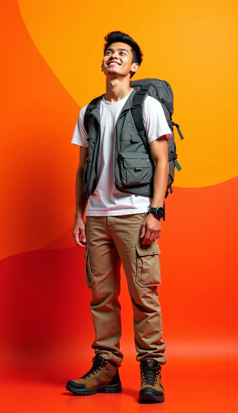  A young man with a typical Indonesian face with bright mature palm skin ,  short neat black hair ,  and the firm yet friendly facial features . He was wearing a grey mesh outdoor adventure vest with several pockets,  combined with a plain white t-shirt . ...