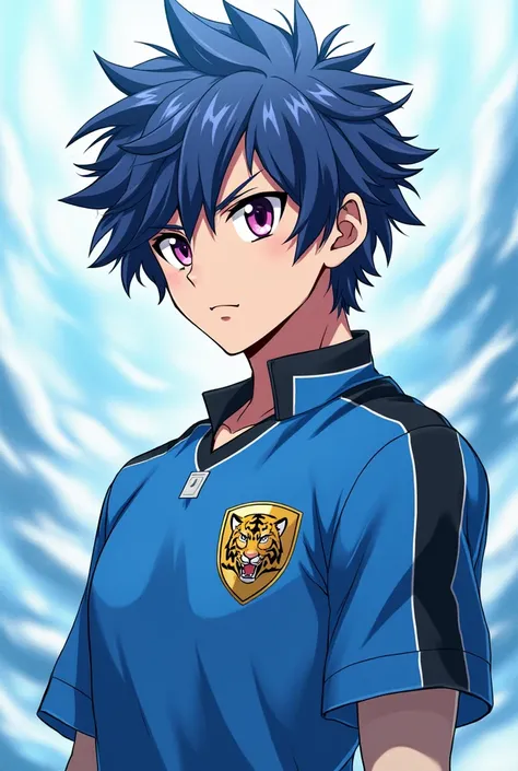 Créez un personnage masculin menaçant de 18 ans issu de l'anime de football Inazuma Eleven Victory Road avec des cheveux bleu et rose, des yeux écarlates et un style artificiel. musclé puissant athlétique charismatique agressif.
informé bleu et noir avec u...