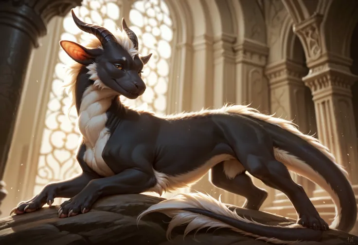 solo, feral, Furry girl with short hair,, with white black fur, black legs with white fur, dragon tail mixed with a white fur , one completely black eye and the other normal, horns, seductive pose, fantasy detailed background