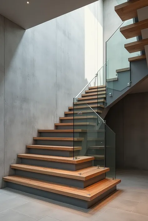 I want a modern stairs in house where wall around will be in grey with wooden steps stairs, underskirt between steps will be also grey wall and with glass banister