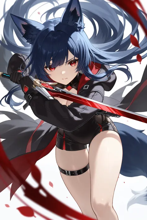  fox ears、Dark blue hair、 long hair、Fox Tail、Dos black red eyes、hooded feather coat、 best thighs、 Genshin、Mechanical Sword、bleed