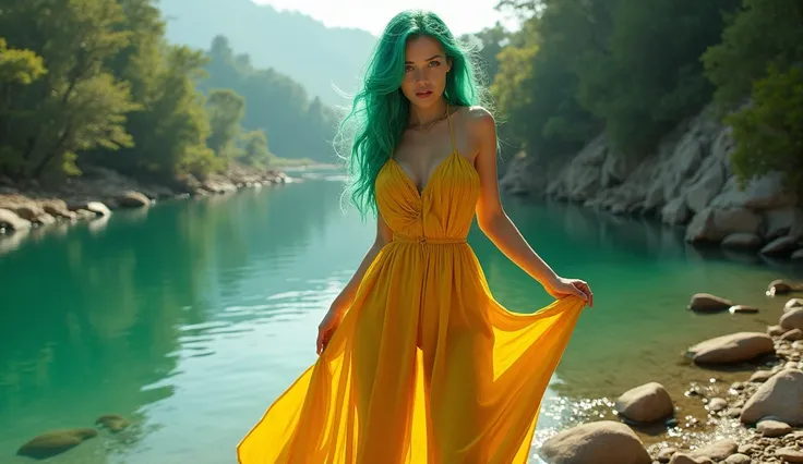 A beautiful sexy women , green hair,in yellow long dress wear,model poses, blue eyes ,biggest boobs, in river side ,realistic photo, different background,full cover dress,