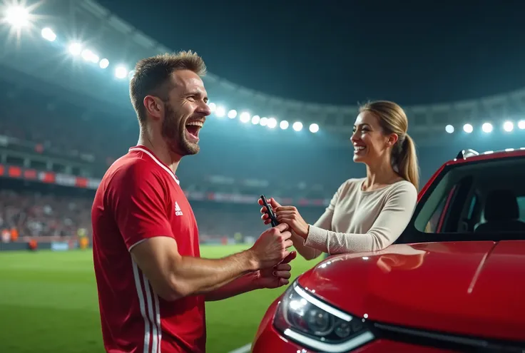 Close Photograph of a soccer fan wearing a soccer jersey in the middle of the stadium with a car right next to him. He is cheering, celebrating and smiling with perfect teeth. A well dressed woman is handing the man the car's key. The background is a socce...