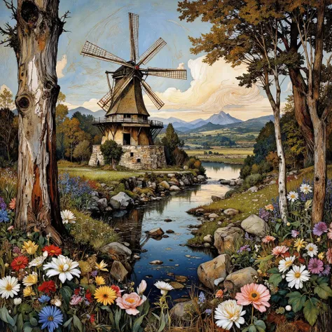 Ultra-detailed, top-quality, landscape with windmill, close-up, stream, flowers, trees, inspired by Hieronymus Bosch and Jan van Eyck, Baroque gorgeous paintings, ray tracing, color, masterpieces