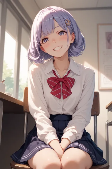 わきUnderを見せない，blush，Under，  no background ，   when I stare at it transparent ， Stare at Pe ，Sit on a chair，Front view， no panties, skirt， no background， grin ，