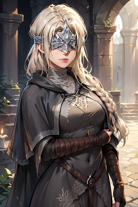 score_9,score_8_up,score_7_up, firekeeper,  dark souls \(series\) ,platinum blonde hair, single braid, black dress, blindfold, capelet