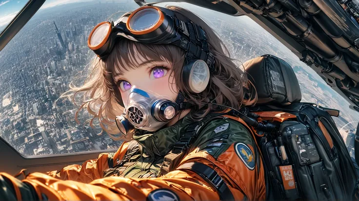  unclear(  TOP QUALITY、  Masterpiece、  high resolution)、((1 person)),(flight suit,flight helmet,Oxygen mask,communication harness, Long Range Rifle, I fly through the sky ,hoverboard , Jet Engine ),Machine gun, laser gun,blue-violet flame)Above Tokyo,air f...