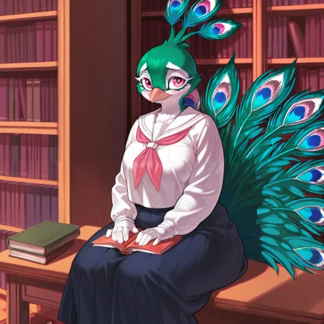 Furry, peacock furry, peacock feathers, female peacock, female, feminine, school uniform, curvy, plump, library, pink eyes, thick white lashes, sitting, shy, solo, book, long skirt.