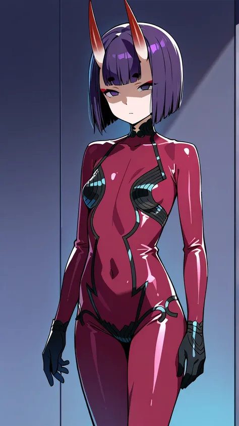 Shuten douji(fate)i,neutral, expressionless, standing, looking at viewer, (((blunt cut, bob, blunt bangs, bob cut))), wiry, gloves, choker, bodysuit,,Shaded face, rolling eyes, no pupils, 1girl, solo,