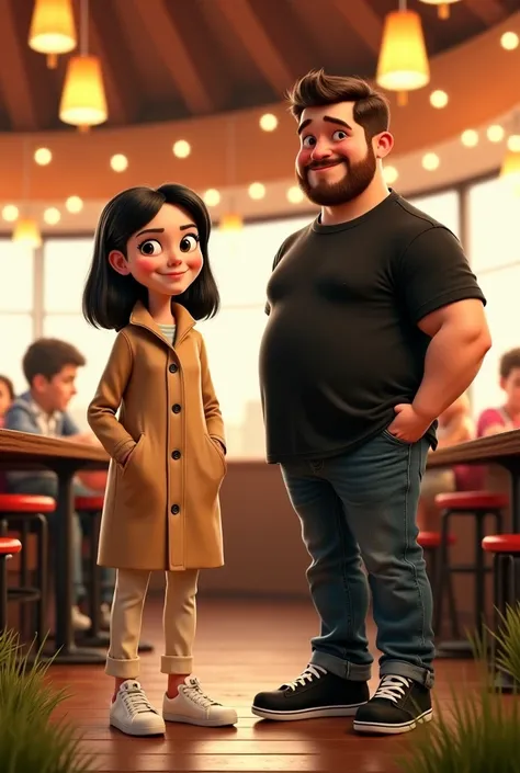 Pixar-style poster of a 20-year-old white girl with black hair, small eyes and smiling in a beige Garfield coat and cream pants and white sneakers and a tall 20-year-old boy with a thick build, white with a beard, black dress shirt, jeans and black sneaker...