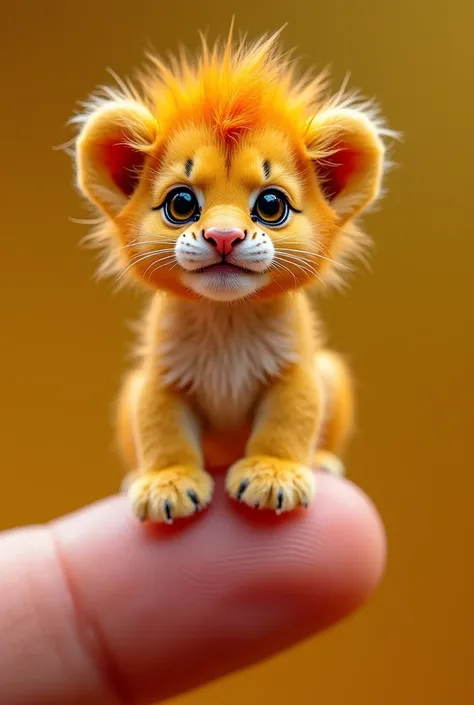 A baby lion colorful, incredibly tiny, balancing on a fingertip with an innocent expression, standing on one foot.