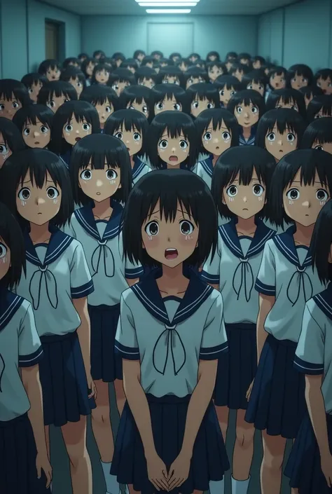 2000 Asian boys with short hair wearing realistic skirt sailor suit waiting for Neil in a small room, crying, skirt, from below, anime, All crying,