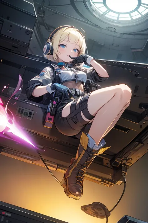 (( high quality)), (( Masterpiece)), 8k,  Blonde Bob Haired Blue Eyed Girl 、   bulletproof vest, latex pink bikini、 cute pose 、light,  highly detailed CG Unity 8k wallpaper ,  game cg,  viewers,  gloves,  boots, clock,  Computer ,  mask, Drone,   holding w...