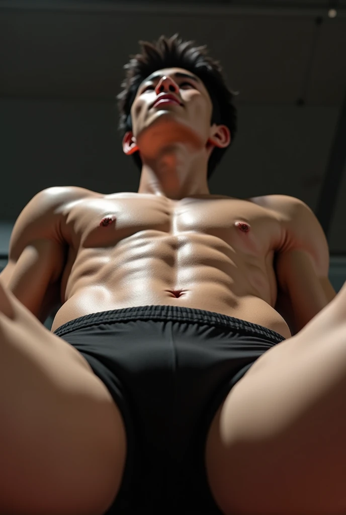 realistic, photographic, 22 years old boy, lean skinny body, twink, handsome, Japanese, short hair, mesh micro briefs, shirtless, sweaty skin, hairy navel, hairy thighs, athletic boy, Composition looking up at the body from between the legs, 