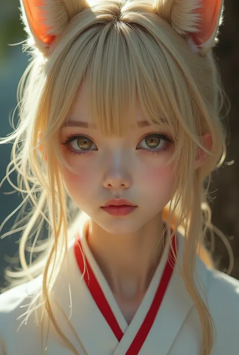  hyperreal、 photos、Kitsune girl、Elongated, slender eyes、Fox Eyes、Beautiful woman similar to Moritaka Chisato through her nose 、Small face、 blonde、Bangs feel like they gather in the middle、A coat made of white silk fabric with a thin red line at the collar、...